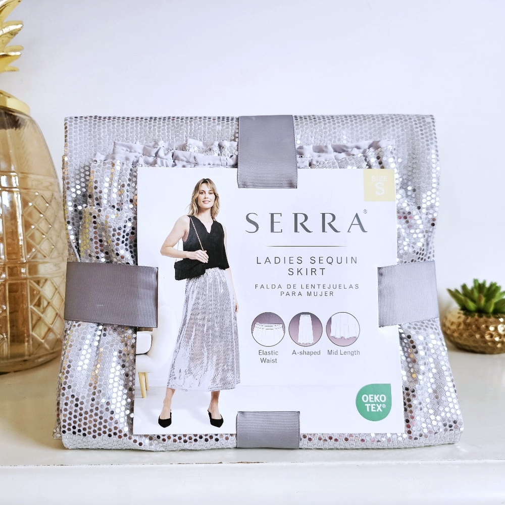 Serra Ladies Silver Sequin Skirt A-Shaped Elastic Waist Mid Length Size Small